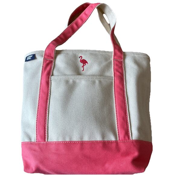 Lands End Boat Tote Large Canvas Bag 6 Pocket Pink Flamingo Embroidered Beach - Picture 5 of 11